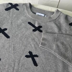 Urban Weekend Womens Gray Black Cross Pattern Crewneck Knit Sweater Small
